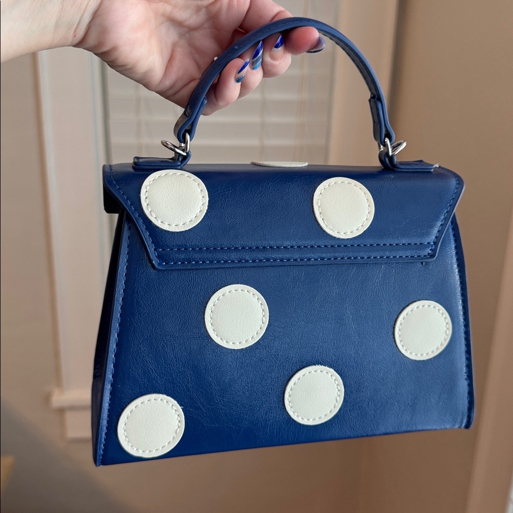 Melie Bianco Anthropologie Navy Blue Mini Top-Handle Bag with Cream Polka Dots - Picture 6 of 10